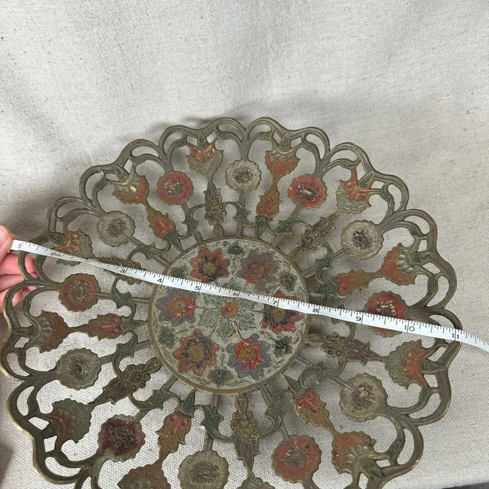 Vintage Pierced Brass Enamel Floral Mandala Bowl 11 Inch Decor Bohemian Tray